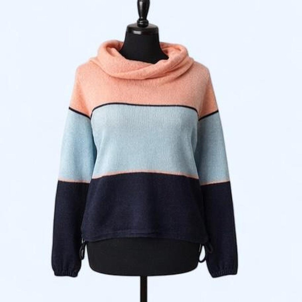 Macy's Vintage Colorblock Sweater Peach Blue‎ Navy Medium Cowl Neck Casual Retro